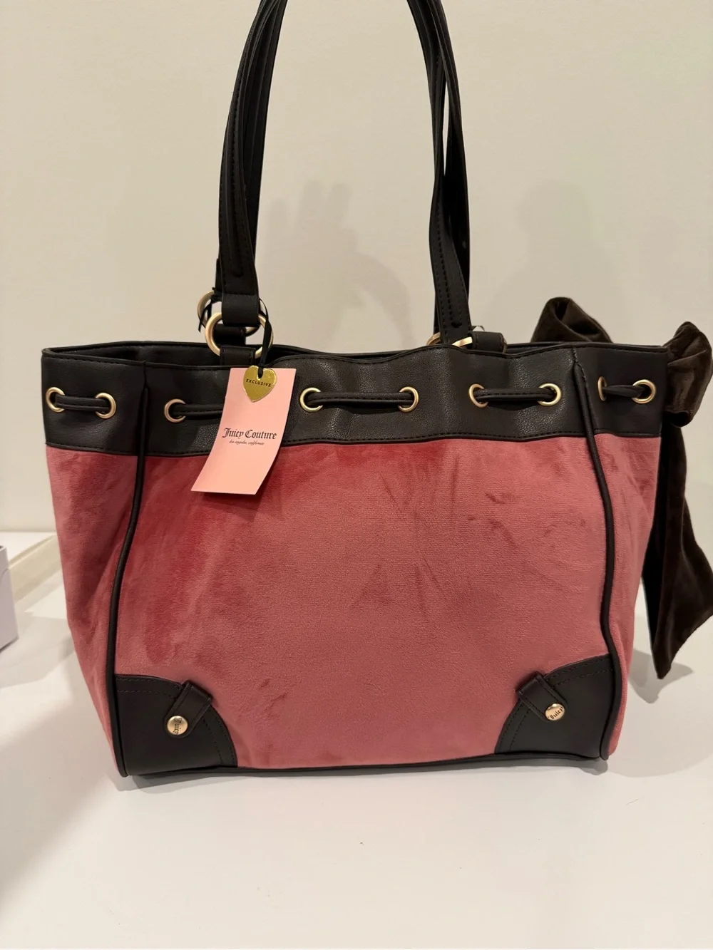 Juicy Couture Pink and Black Logo Tote with Brown Bow & Gold Accents
